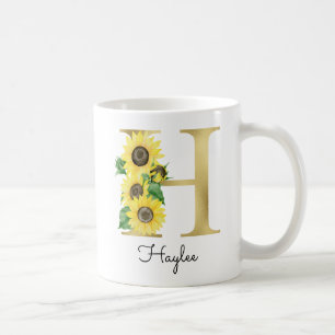 Caneca De Café Monograma Flor Inicial Girly Girassol Dourado H