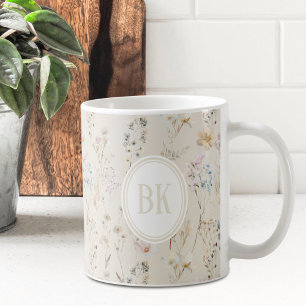 Caneca De Café Monograma Flor Silvestre Bege