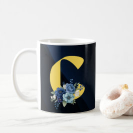Caneca De Café Monograma Floral Azul-Marinho Moderno Feliz Aniver