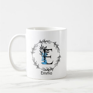 Caneca De Café Monograma Floral Azul - Mug de Café - Letra E