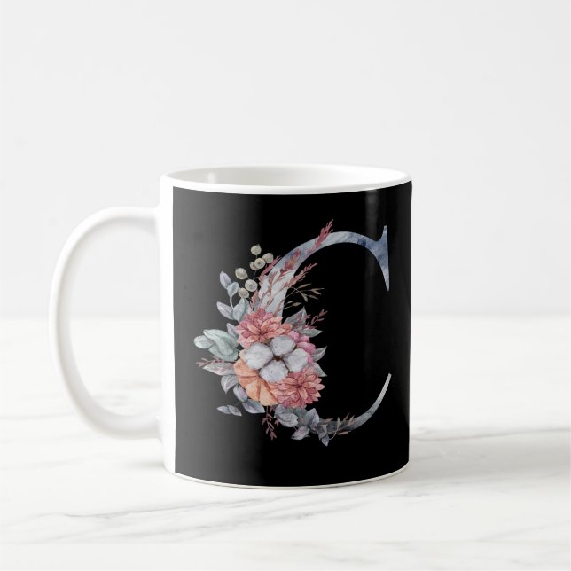 Caneca De Café Monograma Floral Azul Personalizado C (Esquerda)