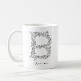 Caneca De Café Monograma Floral Botânica Preta e Branco - Letra B