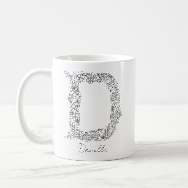 Caneca De Café Monograma Floral Botânica Preta - Letra Branca D (Esquerda)