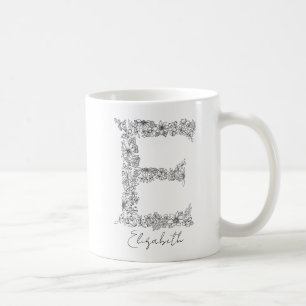 Caneca De Café Monograma Floral Botânica Preta - Letra Branca E