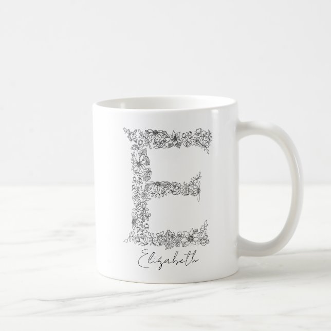 Caneca De Café Monograma Floral Botânica Preta - Letra Branca E (Direita)