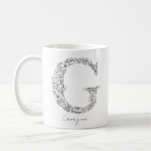 Caneca De Café Monograma Floral Botânica Preta - Letra Branca G