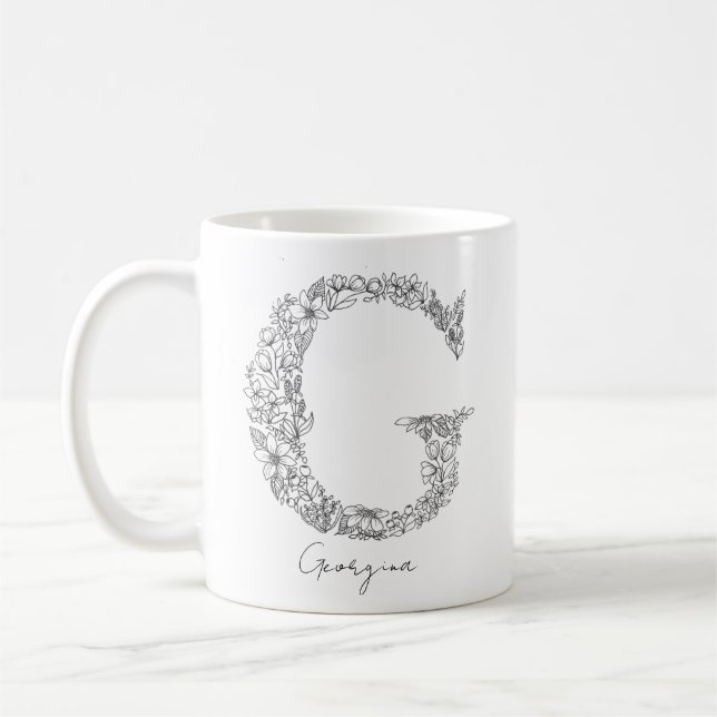 Caneca De Café Monograma Floral Botânica Preta - Letra Branca G (Esquerda)