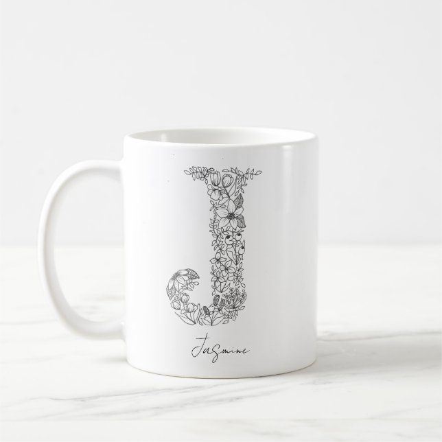 Caneca De Café Monograma Floral Botânica Preta - Letra Branca J (Esquerda)