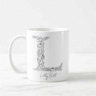 Caneca De Café Monograma Floral Botânica Preta - Letra Branca L