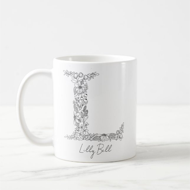 Caneca De Café Monograma Floral Botânica Preta - Letra Branca L (Esquerda)