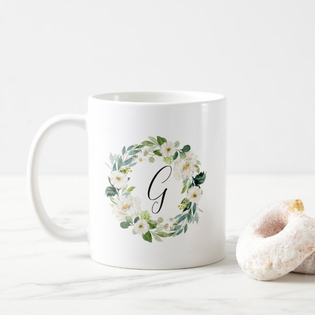 Caneca De Café Monograma Floral Branco (Com Donut)