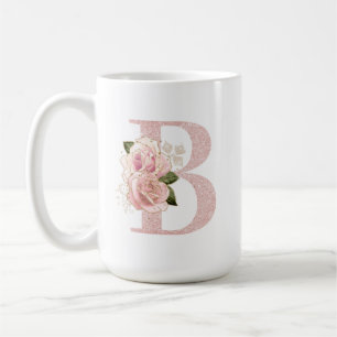 Caneca De Café Monograma Floral Brilhante Rosa Dourado Feminino B