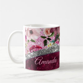 Caneca De Café monograma floral Burgundy cor-de-rosa-prateado
