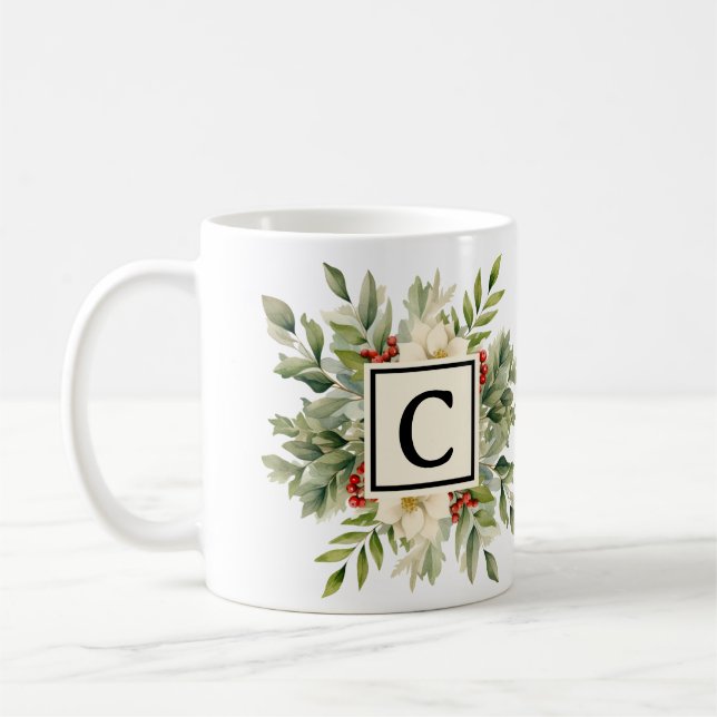 Caneca De Café Monograma Floral Clássico de Natal (Esquerda)