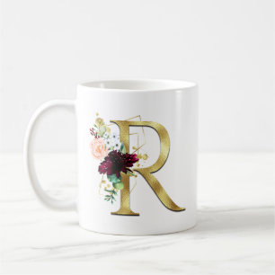 Caneca De Café Monograma Floral com a Letra R em Dourado Elegante