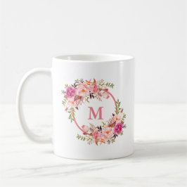 Caneca De Café Monograma Floral Cor-de-Água Rosa