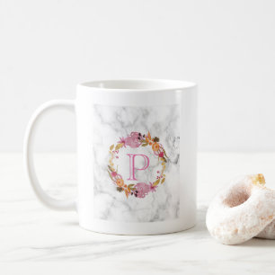 Caneca De Café Monograma floral cor-de-rosa bonito da grinalda