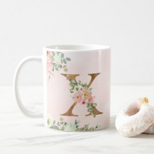 Caneca De Café Monograma Floral Cor-de-Rosa Elegante X Mug de Caf