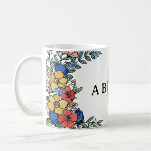 Caneca De Café Monograma Floral Coral Amarelo Azul Colorido