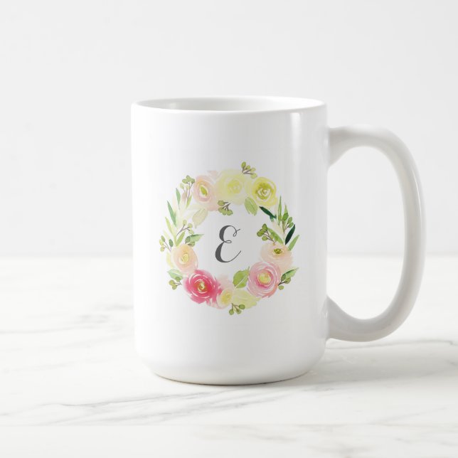 Caneca De Café Monograma floral da grinalda | da aguarela (Direita)