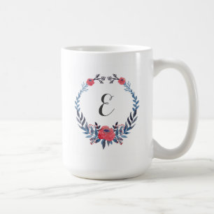 Caneca De Café Monograma floral das rosas vermelhas   da aguarela