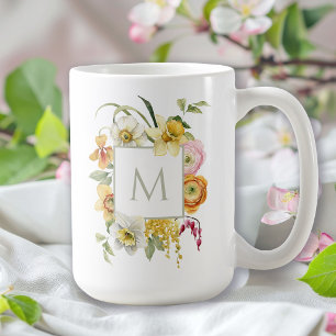 Caneca De Café Monograma Floral de Aquarela de Flora Primaveril A