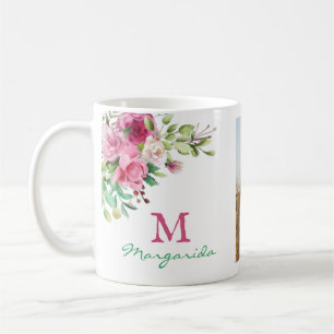 Caneca De Café Monograma Floral de Aquarela Duas Colagens Fotogr