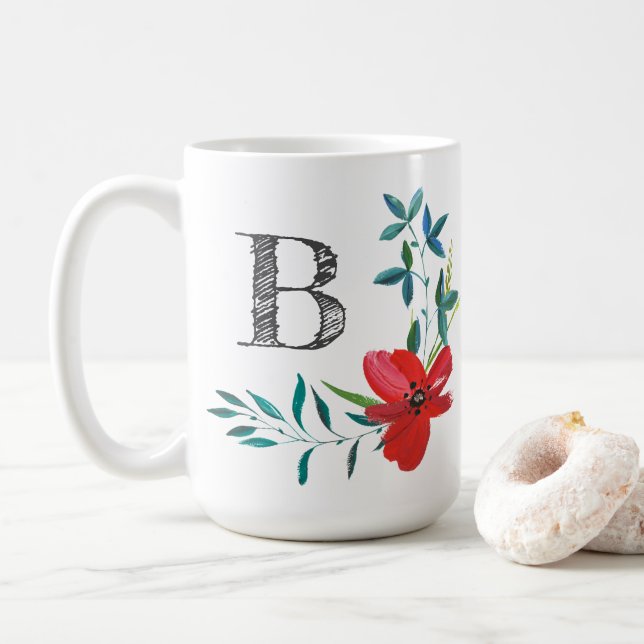 Caneca De Café Monograma Floral de Aquarela Elegante (Com Donut)