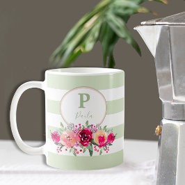 Caneca De Café Monograma Floral de Cor de Água Rosa Quente na Fai