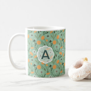 Caneca De Café Monograma Floral de Dandelion Laranja Vibrante