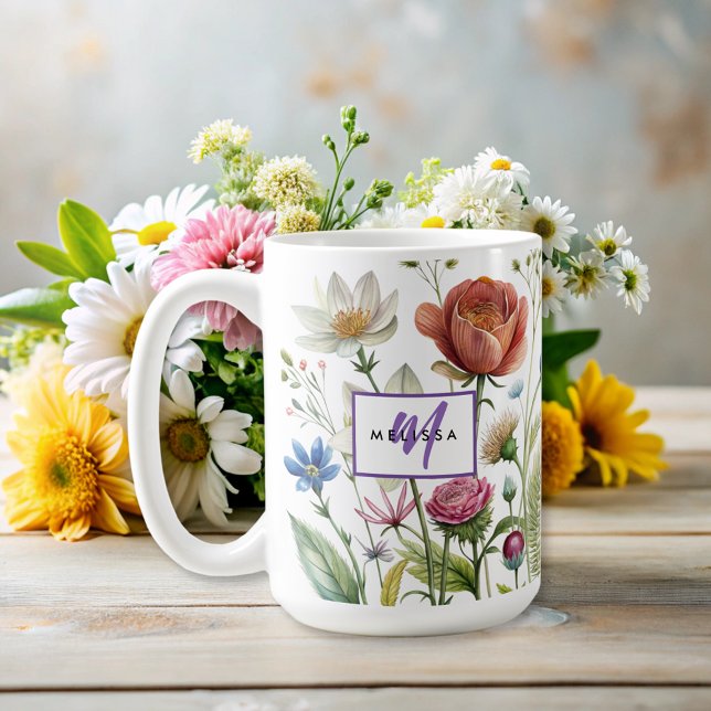 Caneca De Café Monograma floral de flores silvestres modernas (Criador carregado)