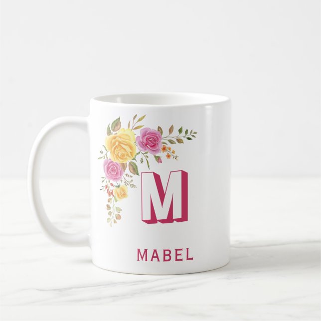 Caneca De Café Monograma Floral de Nome Personalizado Amarelo-Ele (Esquerda)