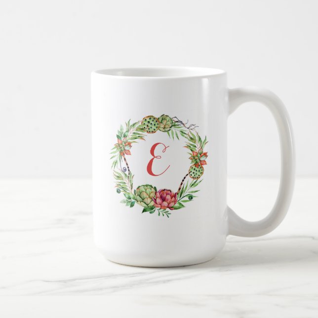 Caneca De Café Monograma floral do Succulent | do casamento do (Direita)