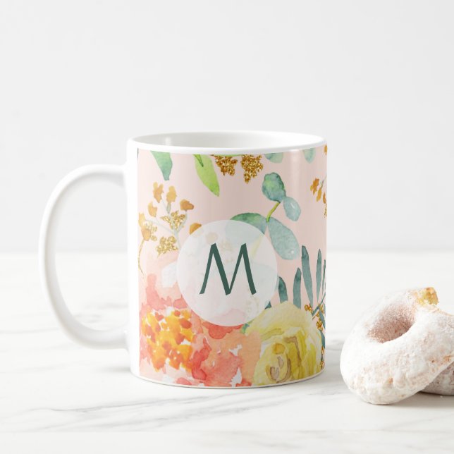 Caneca De Café Monograma Floral Dourado de Lâmpada de Água (Com Donut)