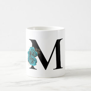 Caneca De Café Monograma Floral Dourado Glitter Teal