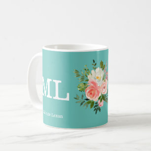 Caneca De Café Monograma Floral e Teal Rosa 
