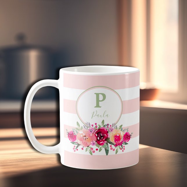 Caneca De Café Monograma Floral Elegante de Aquarela em faixas ro (Criador carregado)