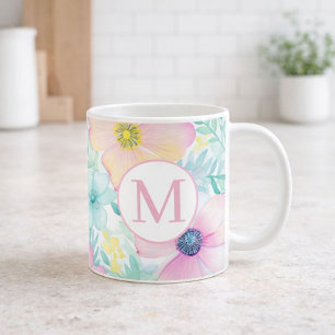 Caneca De Café Monograma Floral em Aquarela de Primavera Suave