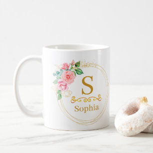 Caneca De Café Monograma Floral em Aquarela I Inicial Dourada Per