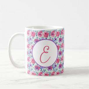 Caneca De Café Monograma floral em aquarela rosa claro e roxo