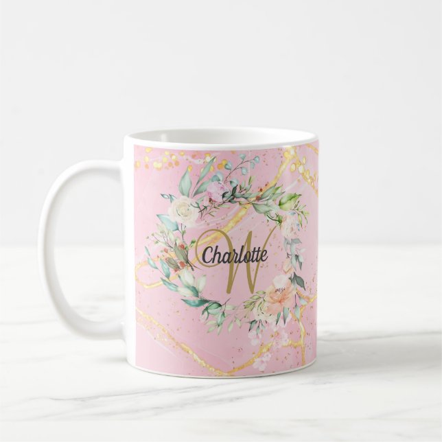 Caneca De Café Monograma Floral em Script Dourado em Geodo de Ága (Esquerda)