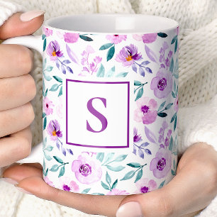 Caneca De Café Monograma Floral Florido Roxo de Menina Fofa