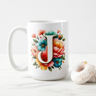 Caneca De Café Monograma Floral J com Flores Pastel