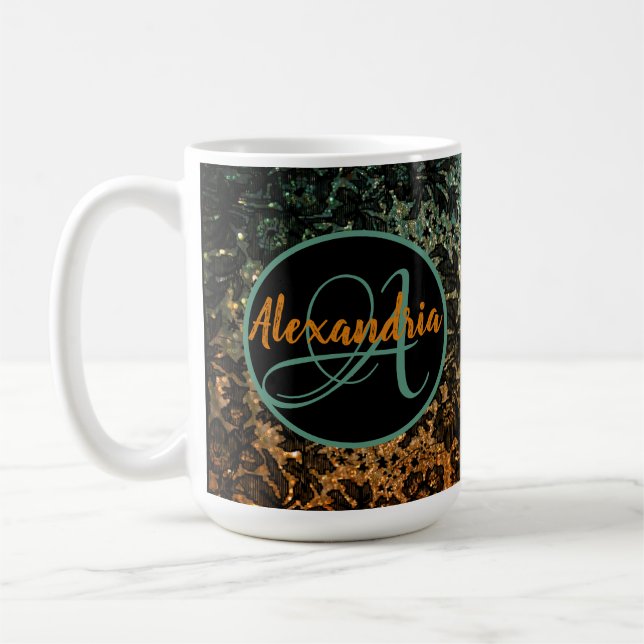 Caneca De Café Monograma Floral Laranja e Verde Preto (Esquerda)