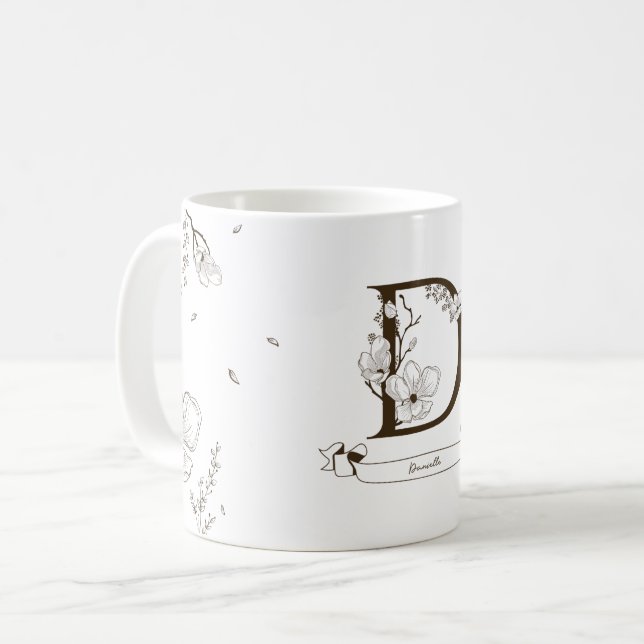 Caneca De Café Monograma Floral - Letra D para Danielle (Frente Esquerda)