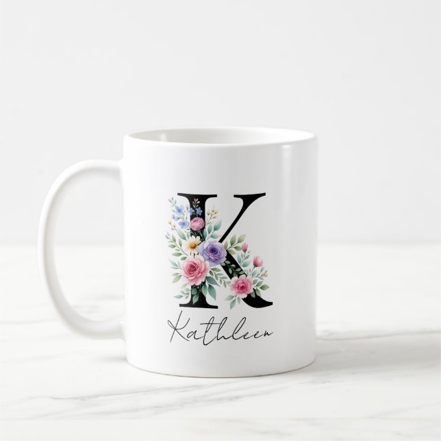Caneca De Café Monograma Floral – Letra K (Esquerda)