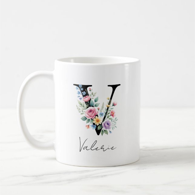 Caneca De Café Monograma Floral – Letra V (Esquerda)