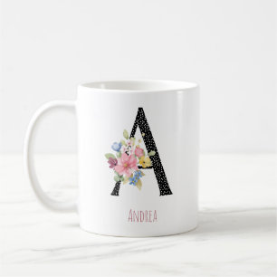 Caneca De Café Monograma Floral Nome A Pontos Pretos
