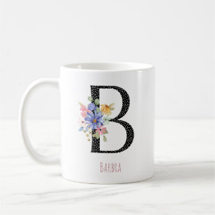 Caneca De Café Monograma Floral Nome B Pontos Pretos