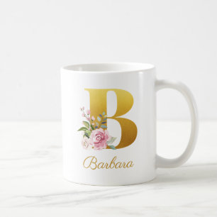 Caneca De Café Monograma Floral Nome Botânico Inicial B Personali